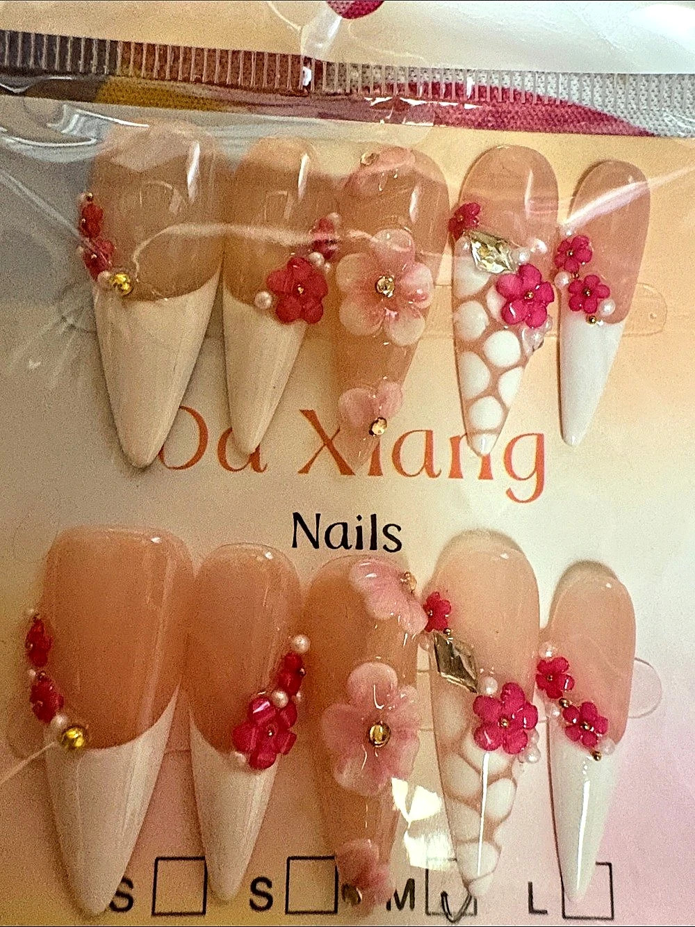 Pink & White Floral 3D Press-On Nails NWT